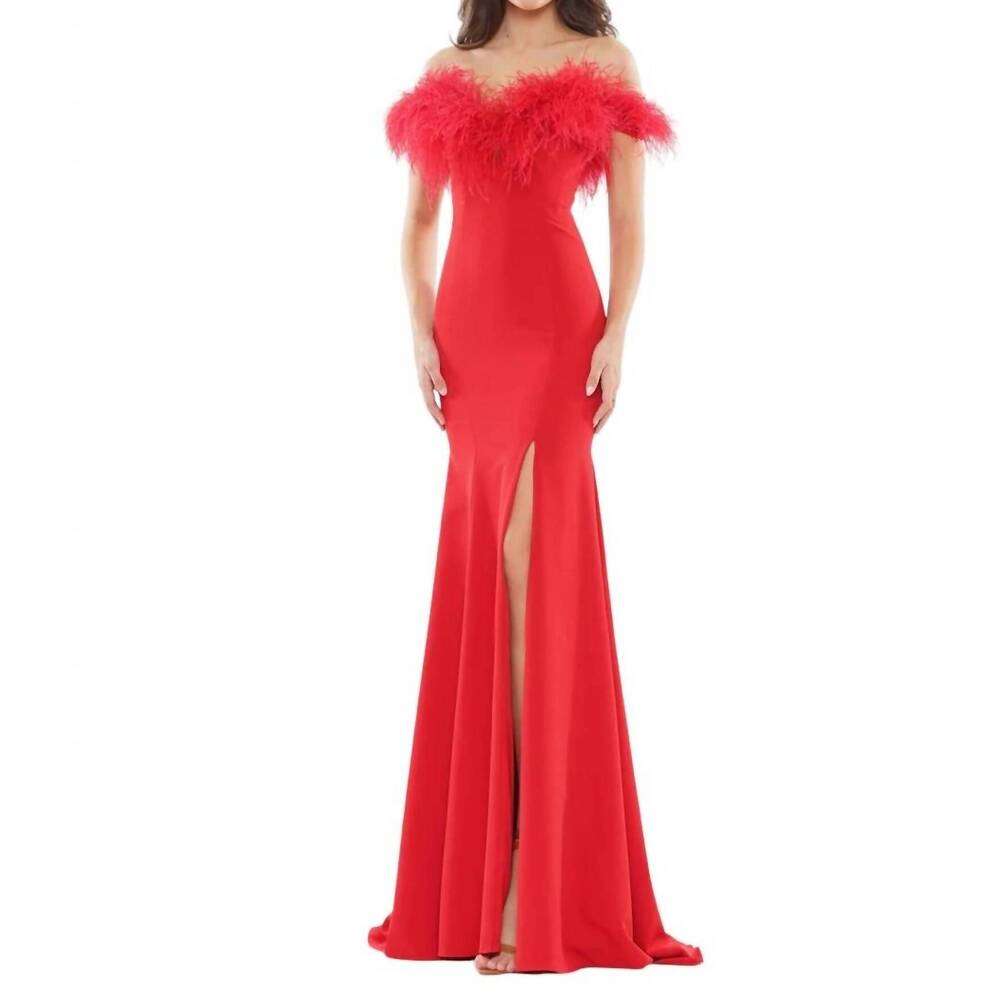 NEW COLORS DRESS feather trimmed high slit gown in red